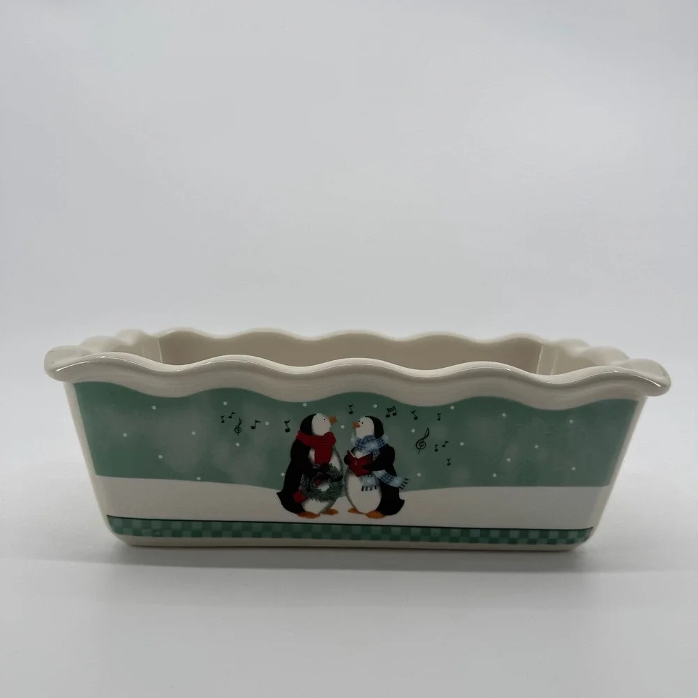 Garden Ridge Caroling Penguin Christmas Loaf Pan Ceramic Baking Dish Holiday